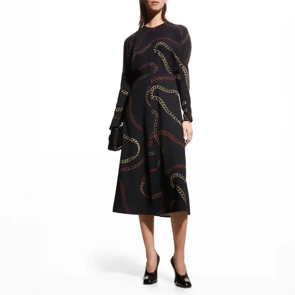 Victoria Beckham Black Chain-Print Long Sleeve Midi Dress